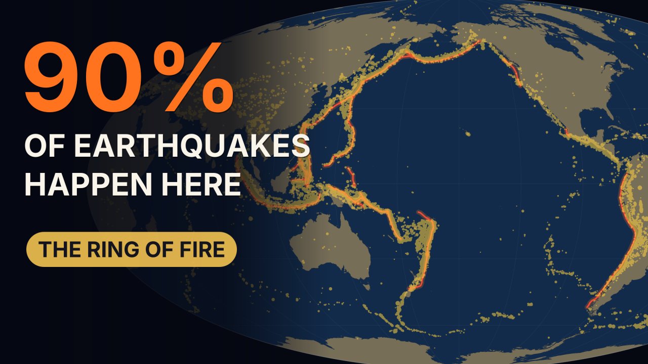 Map of the Pacific Ocean ringed by major earthquakes