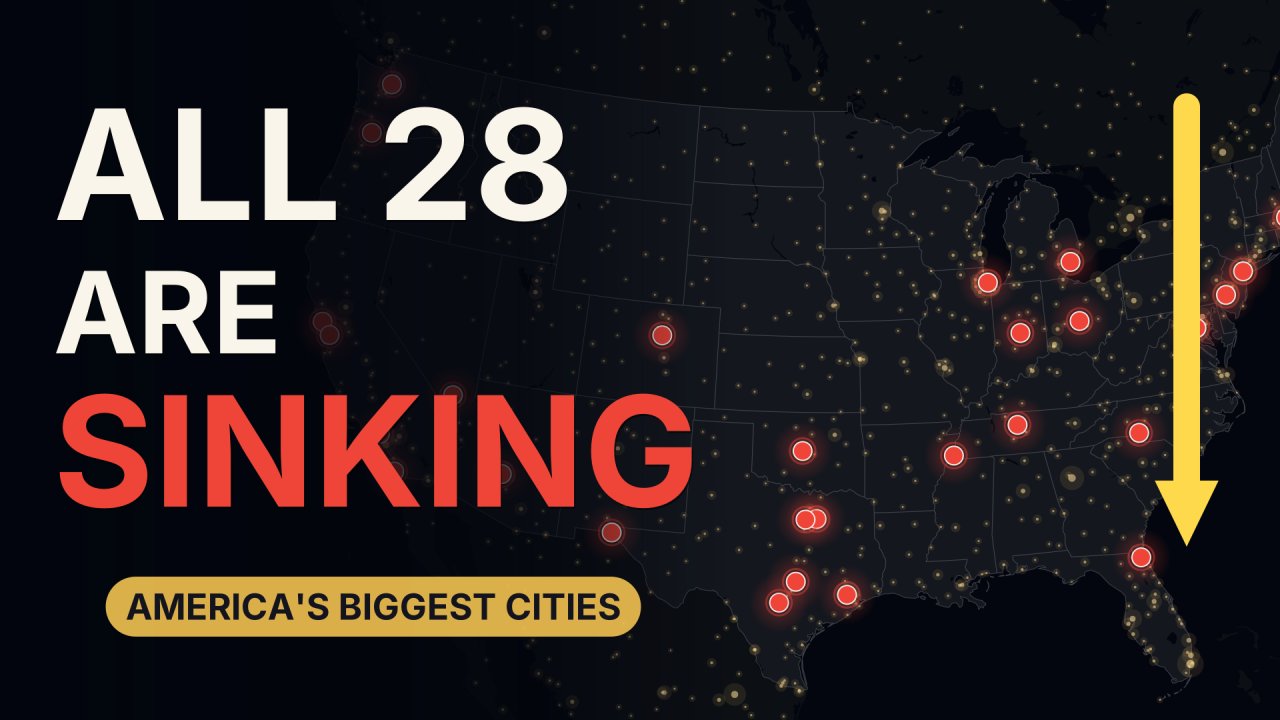 Night map of the United States with all 28 biggest cities marked as sinking
